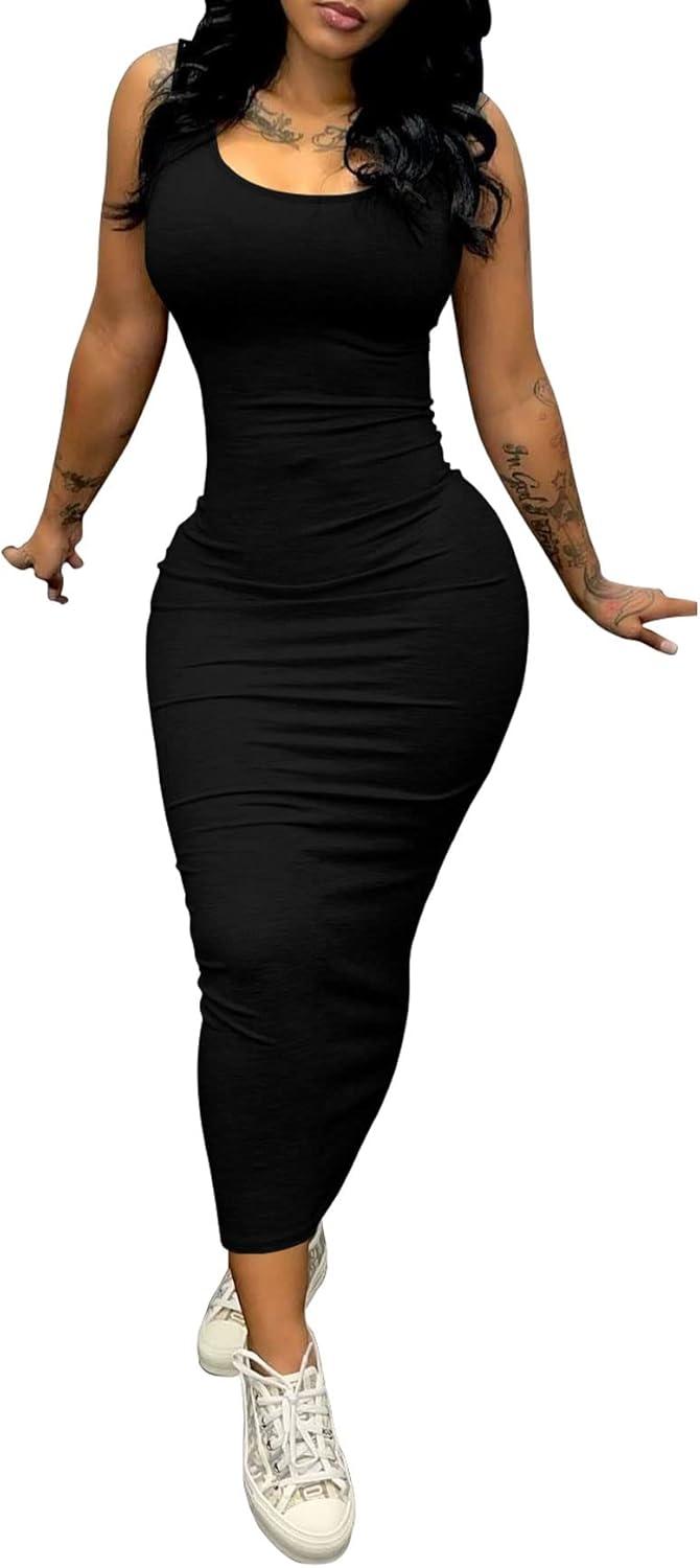 imagePINSV Womens Sexy Bodycon Tank Dress Basic Sleeveless Long Maxi Dresses Party Club Beach SundressesAblack