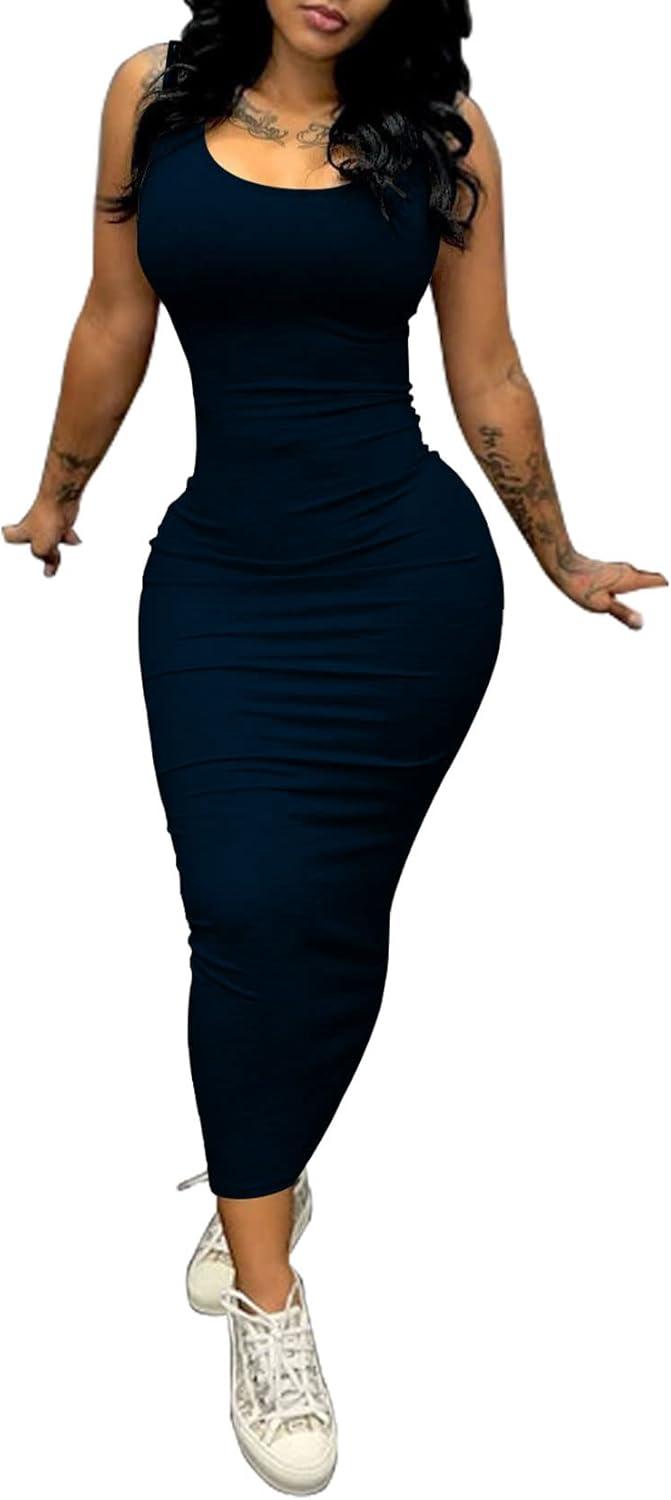 imagePINSV Womens Sexy Bodycon Tank Dress Basic Sleeveless Long Maxi Dresses Party Club Beach SundressesAblue