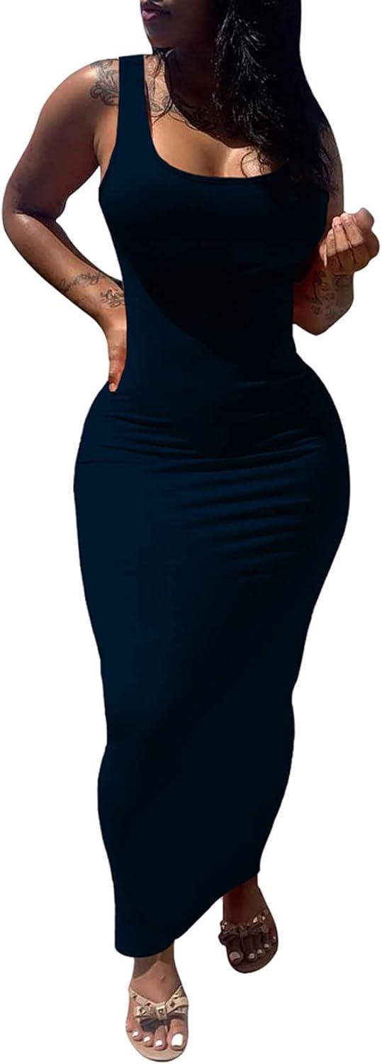 imagePINSV Womens Sexy Bodycon Tank Dress Basic Sleeveless Long Maxi Dresses Party Club Beach SundressesAblue
