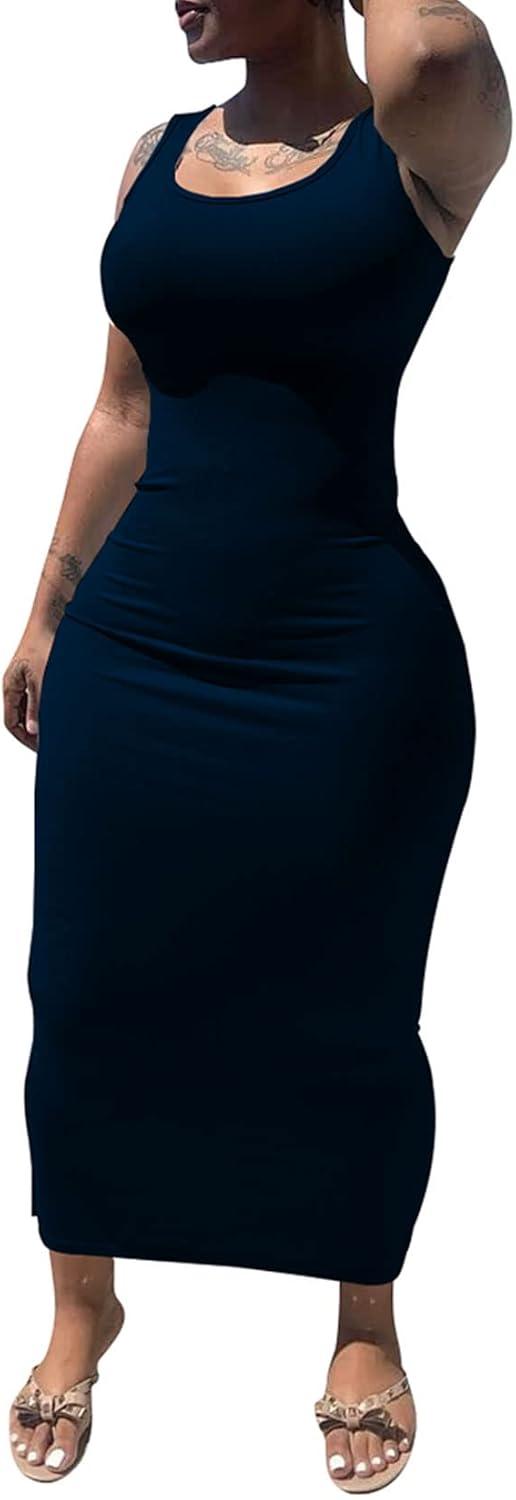 imagePINSV Womens Sexy Bodycon Tank Dress Basic Sleeveless Long Maxi Dresses Party Club Beach SundressesAblue