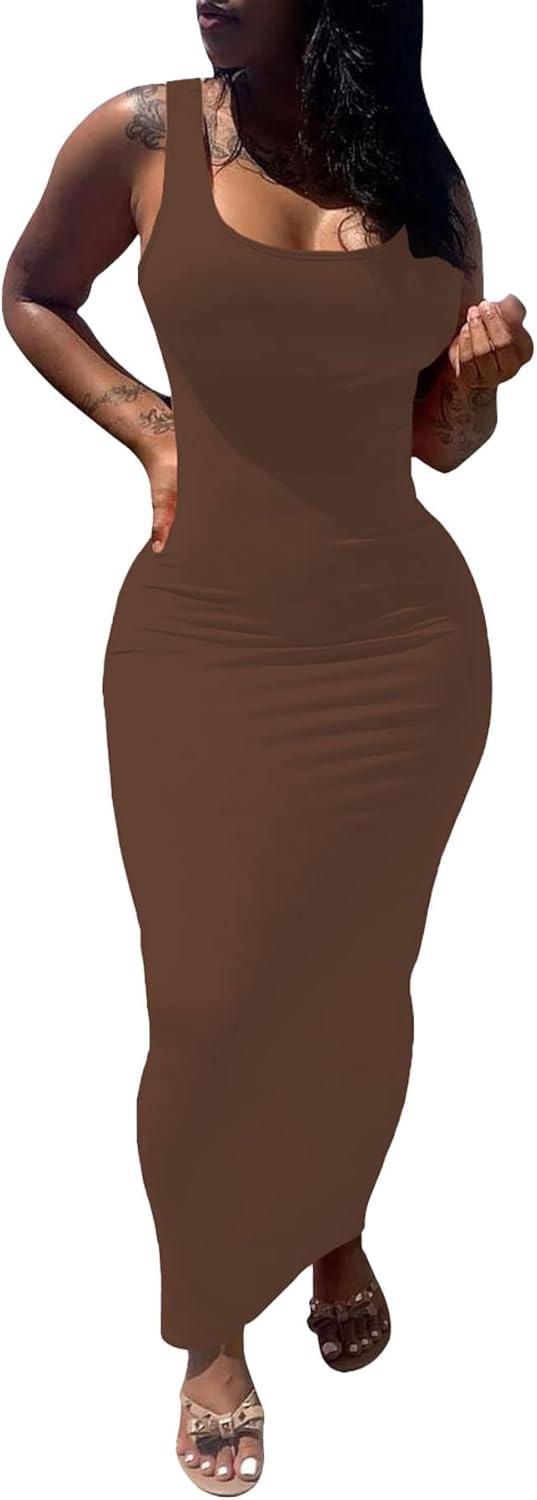 imagePINSV Womens Sexy Bodycon Tank Dress Basic Sleeveless Long Maxi Dresses Party Club Beach SundressesAcoffee