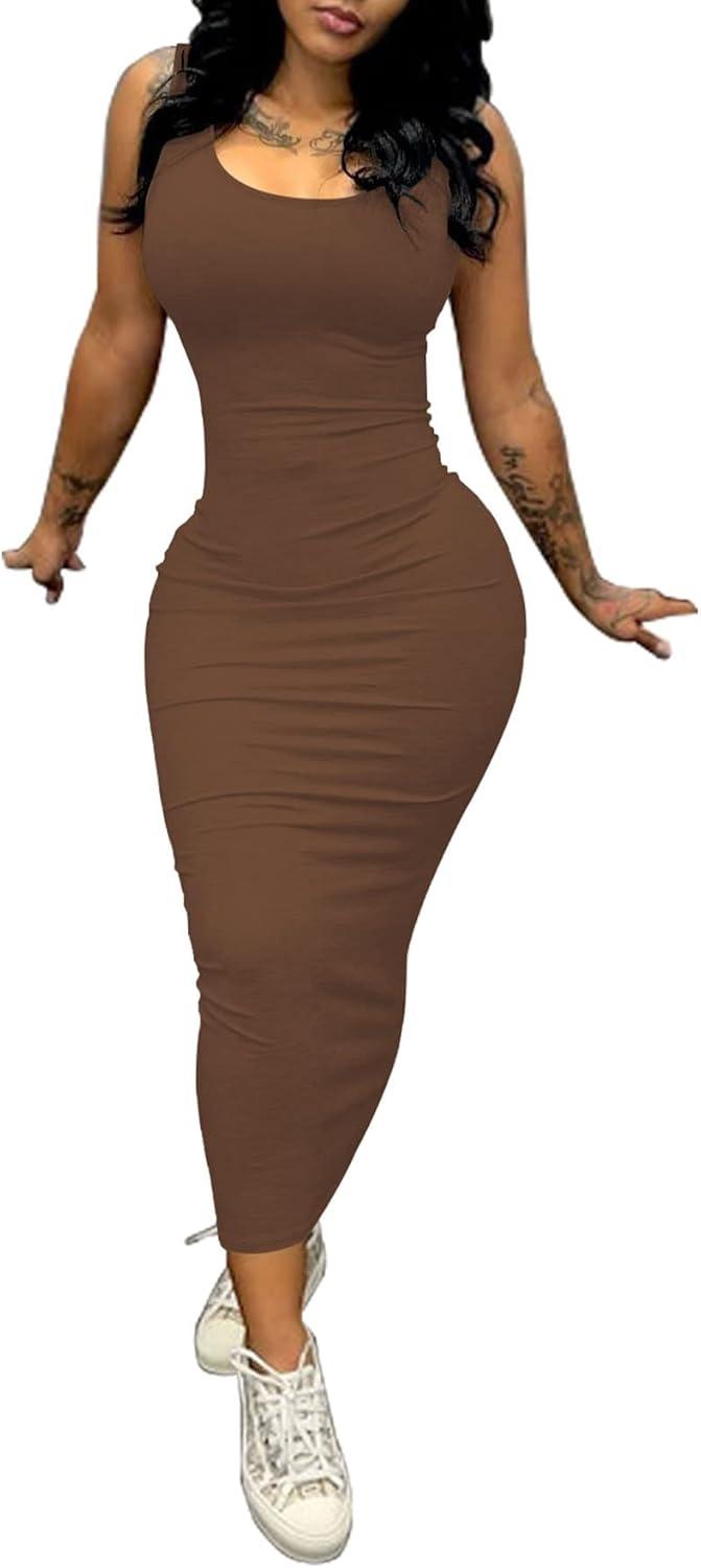 imagePINSV Womens Sexy Bodycon Tank Dress Basic Sleeveless Long Maxi Dresses Party Club Beach SundressesAcoffee