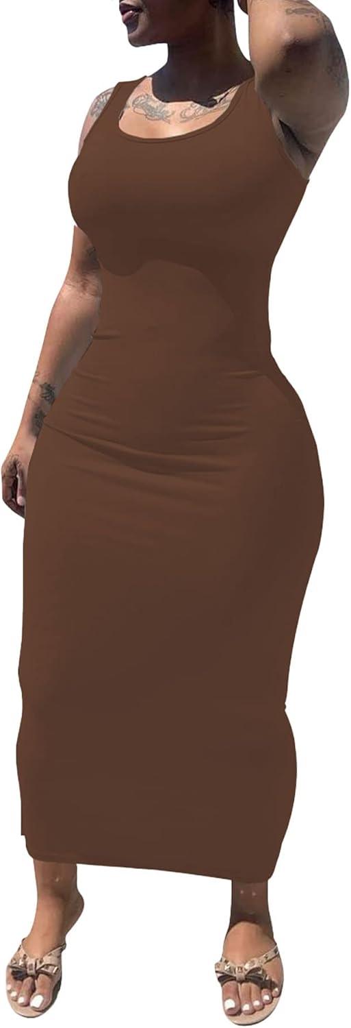 imagePINSV Womens Sexy Bodycon Tank Dress Basic Sleeveless Long Maxi Dresses Party Club Beach SundressesAcoffee