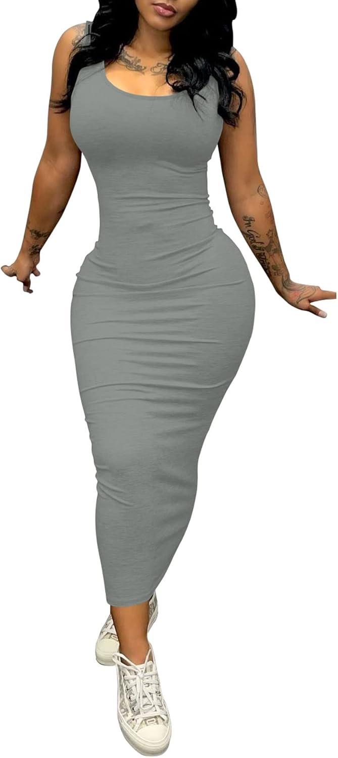 imagePINSV Womens Sexy Bodycon Tank Dress Basic Sleeveless Long Maxi Dresses Party Club Beach SundressesAdark Grey
