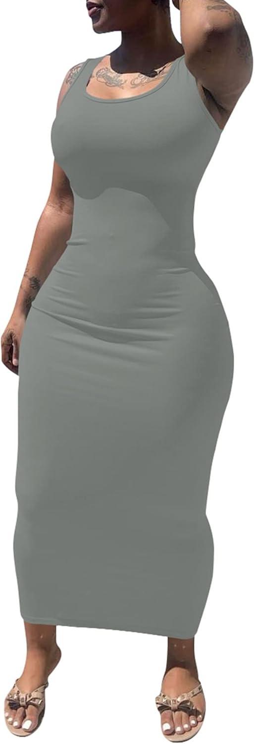 imagePINSV Womens Sexy Bodycon Tank Dress Basic Sleeveless Long Maxi Dresses Party Club Beach SundressesAdark Grey