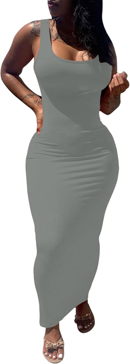 imagePINSV Womens Sexy Bodycon Tank Dress Basic Sleeveless Long Maxi Dresses Party Club Beach SundressesAdark Grey
