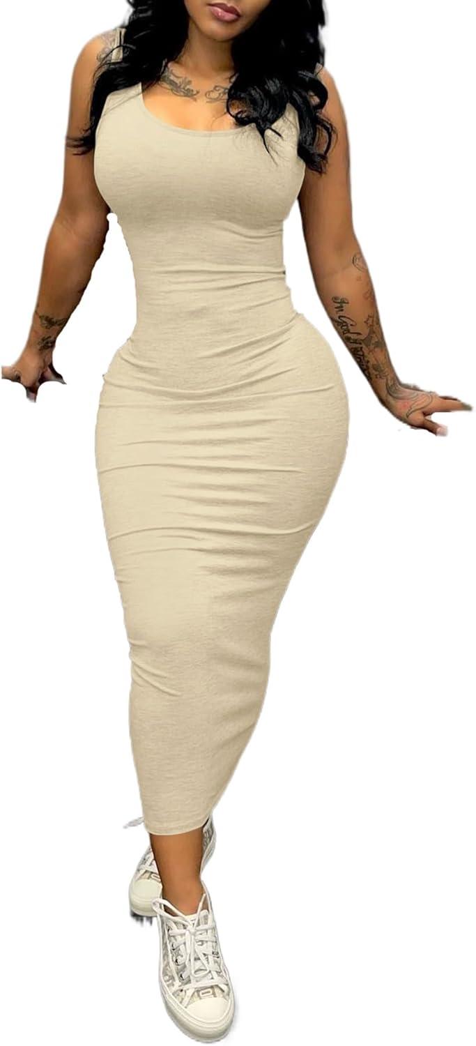 imagePINSV Womens Sexy Bodycon Tank Dress Basic Sleeveless Long Maxi Dresses Party Club Beach SundressesAoff White