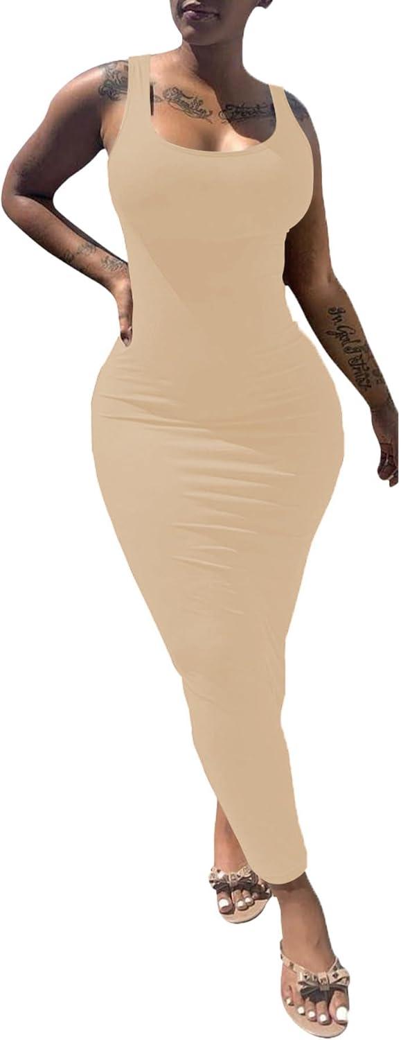 imagePINSV Womens Sexy Bodycon Tank Dress Basic Sleeveless Long Maxi Dresses Party Club Beach SundressesAoff White