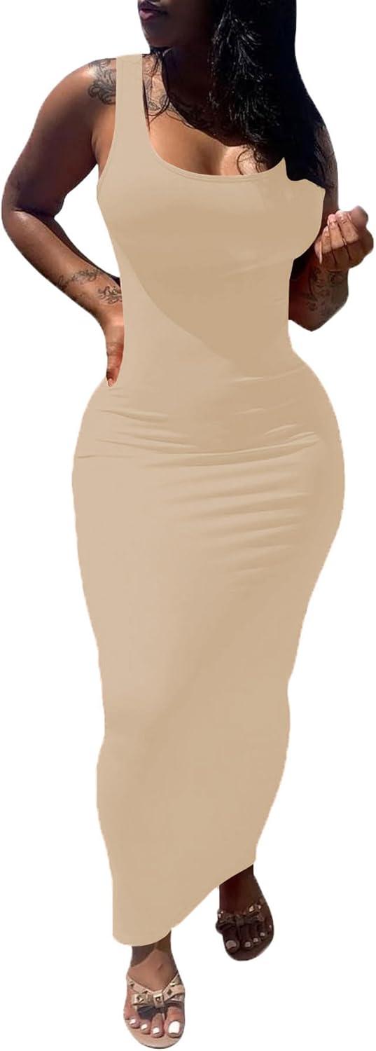 imagePINSV Womens Sexy Bodycon Tank Dress Basic Sleeveless Long Maxi Dresses Party Club Beach SundressesAoff White