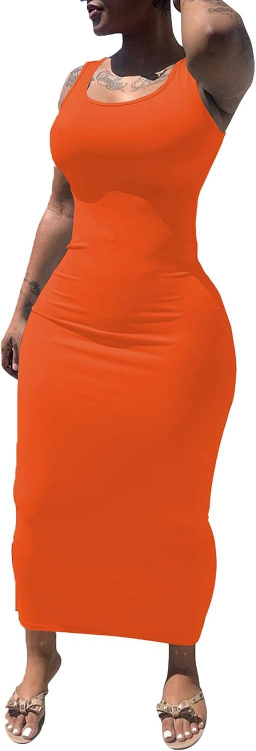 imagePINSV Womens Sexy Bodycon Tank Dress Basic Sleeveless Long Maxi Dresses Party Club Beach SundressesAorange