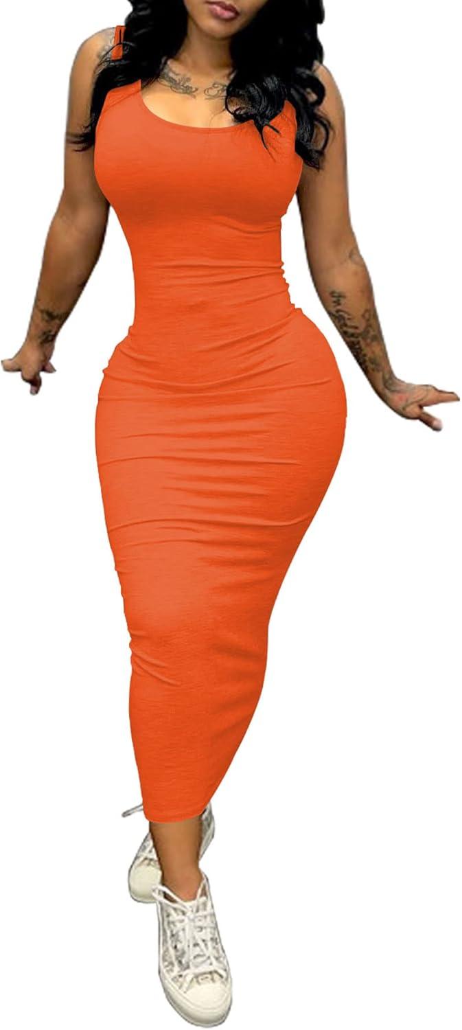 imagePINSV Womens Sexy Bodycon Tank Dress Basic Sleeveless Long Maxi Dresses Party Club Beach SundressesAorange