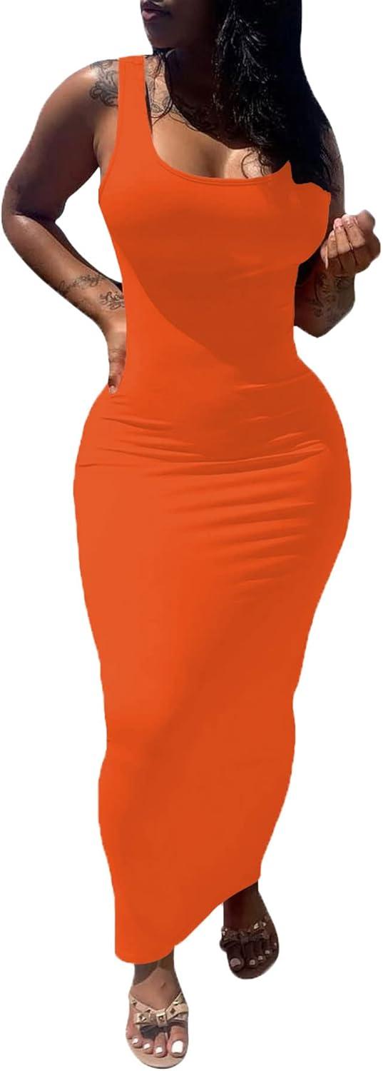 imagePINSV Womens Sexy Bodycon Tank Dress Basic Sleeveless Long Maxi Dresses Party Club Beach SundressesAorange