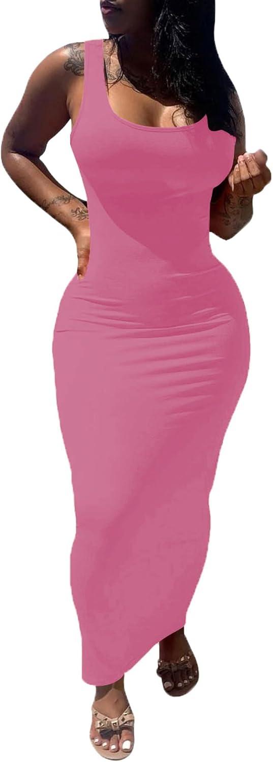 imagePINSV Womens Sexy Bodycon Tank Dress Basic Sleeveless Long Maxi Dresses Party Club Beach SundressesApink