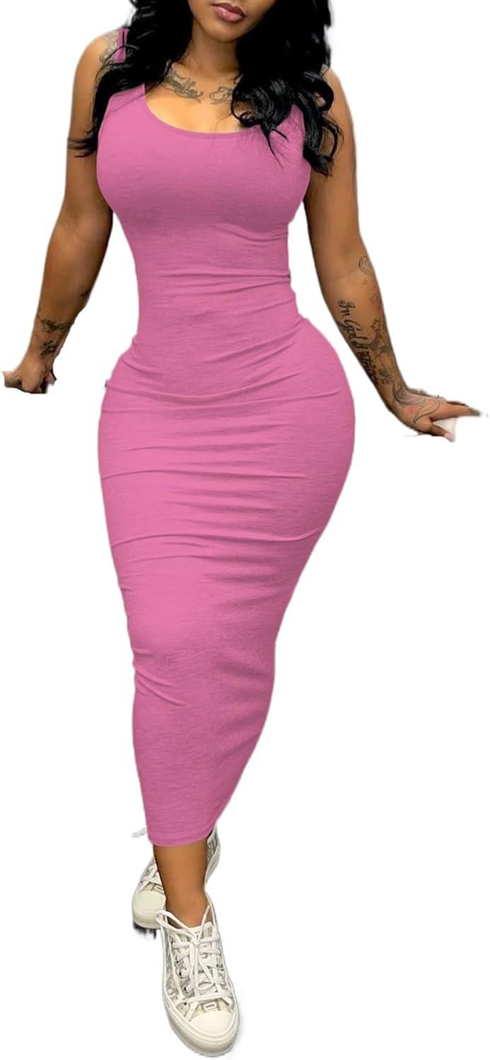 imagePINSV Womens Sexy Bodycon Tank Dress Basic Sleeveless Long Maxi Dresses Party Club Beach SundressesApink