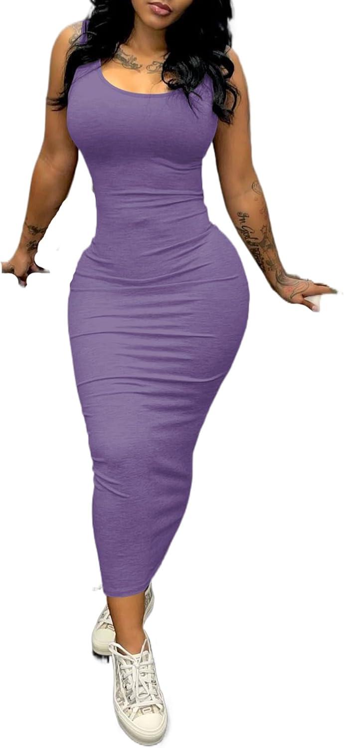 imagePINSV Womens Sexy Bodycon Tank Dress Basic Sleeveless Long Maxi Dresses Party Club Beach SundressesApurple