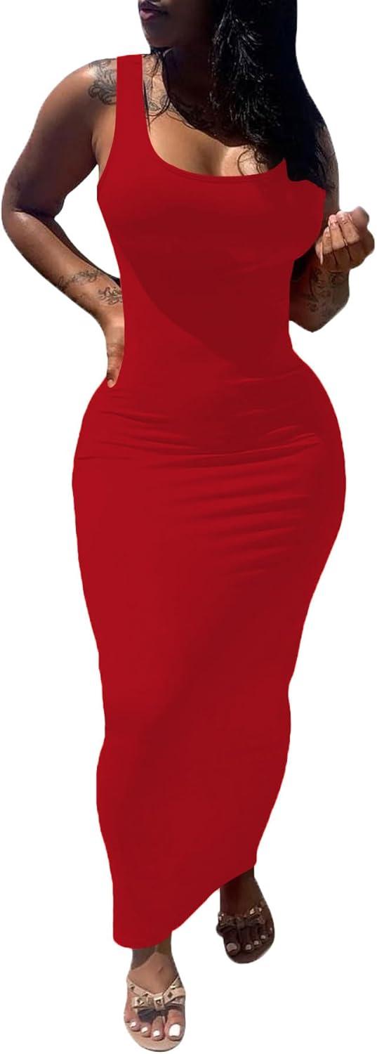 imagePINSV Womens Sexy Bodycon Tank Dress Basic Sleeveless Long Maxi Dresses Party Club Beach SundressesAred