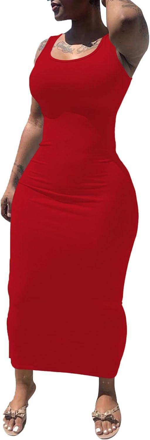 imagePINSV Womens Sexy Bodycon Tank Dress Basic Sleeveless Long Maxi Dresses Party Club Beach SundressesAred