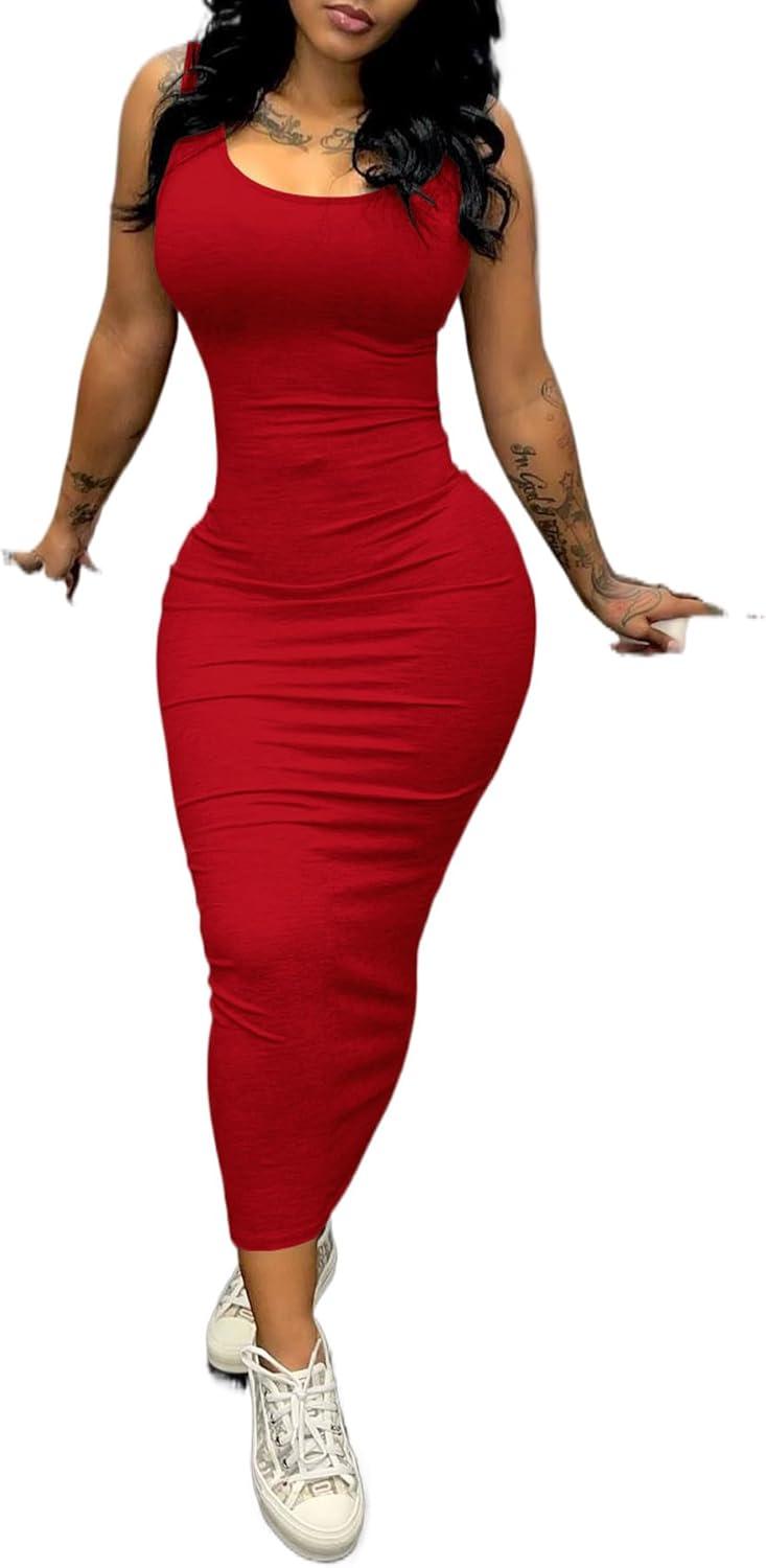 imagePINSV Womens Sexy Bodycon Tank Dress Basic Sleeveless Long Maxi Dresses Party Club Beach SundressesAred