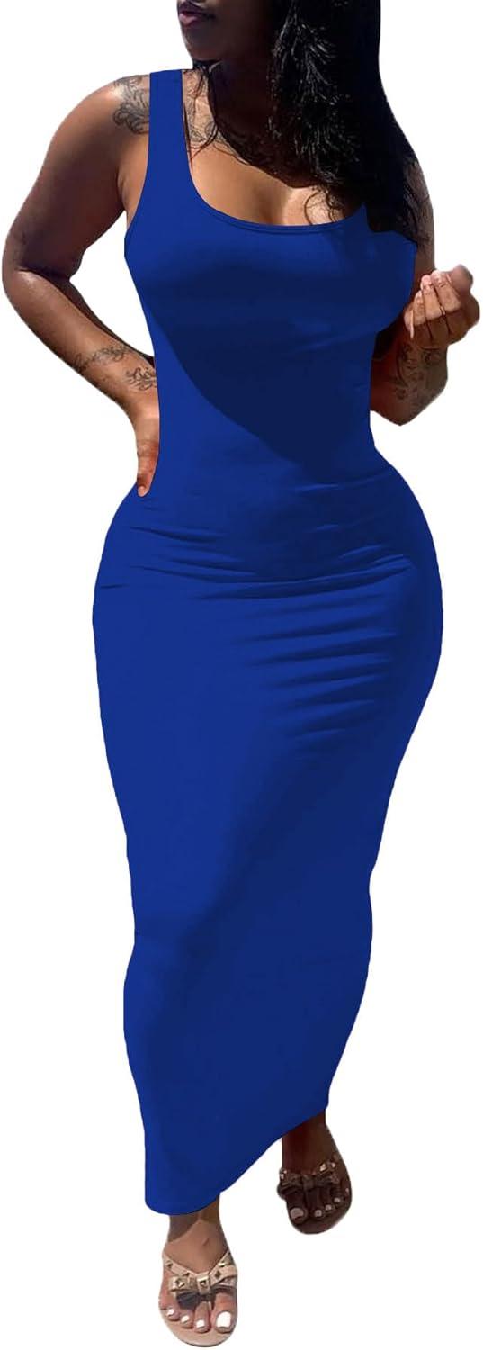 imagePINSV Womens Sexy Bodycon Tank Dress Basic Sleeveless Long Maxi Dresses Party Club Beach SundressesAsapphire Blue