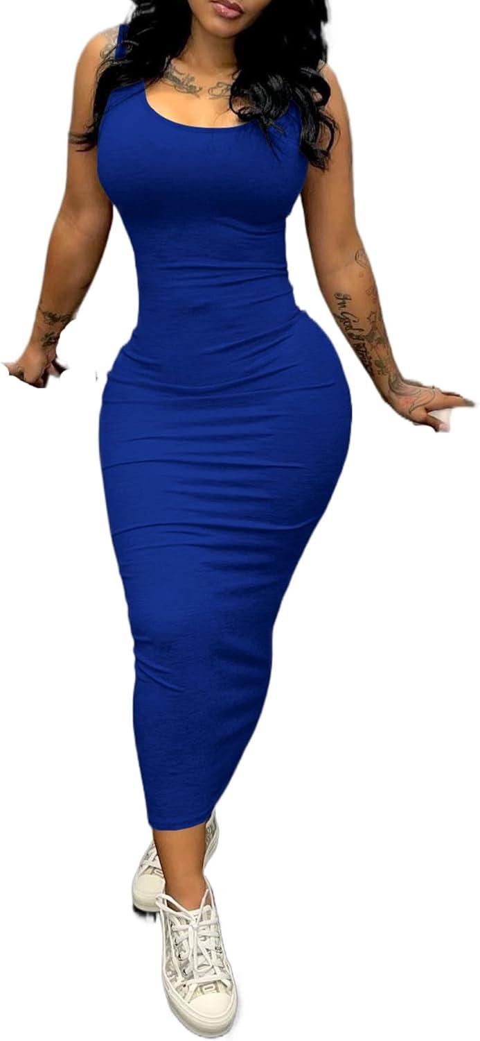 imagePINSV Womens Sexy Bodycon Tank Dress Basic Sleeveless Long Maxi Dresses Party Club Beach SundressesAsapphire Blue