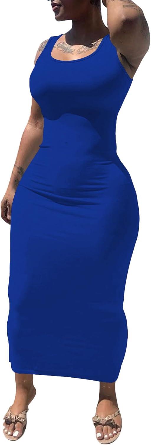 imagePINSV Womens Sexy Bodycon Tank Dress Basic Sleeveless Long Maxi Dresses Party Club Beach SundressesAsapphire Blue