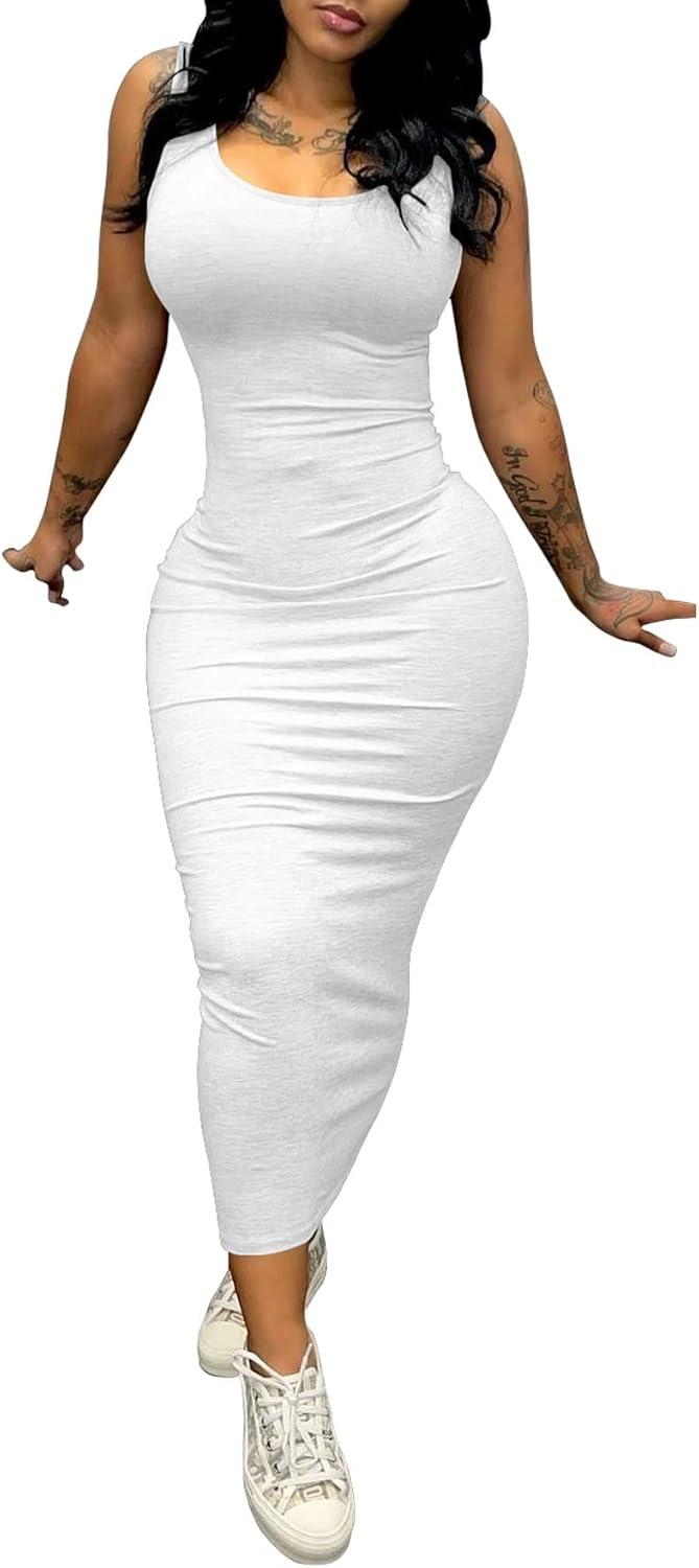 imagePINSV Womens Sexy Bodycon Tank Dress Basic Sleeveless Long Maxi Dresses Party Club Beach SundressesAwhite