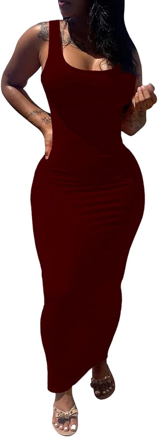 imagePINSV Womens Sexy Bodycon Tank Dress Basic Sleeveless Long Maxi Dresses Party Club Beach SundressesAwine Red
