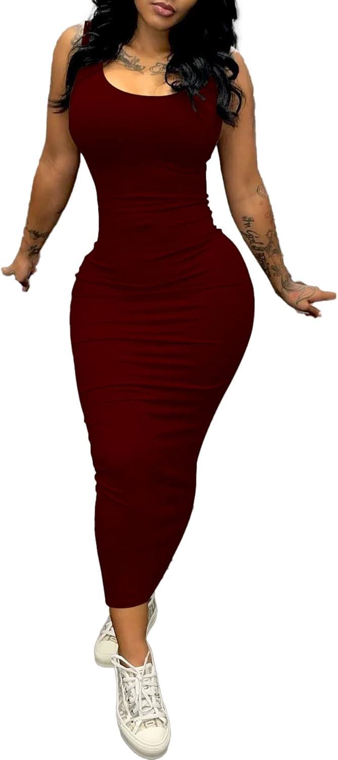 imagePINSV Womens Sexy Bodycon Tank Dress Basic Sleeveless Long Maxi Dresses Party Club Beach SundressesAwine Red