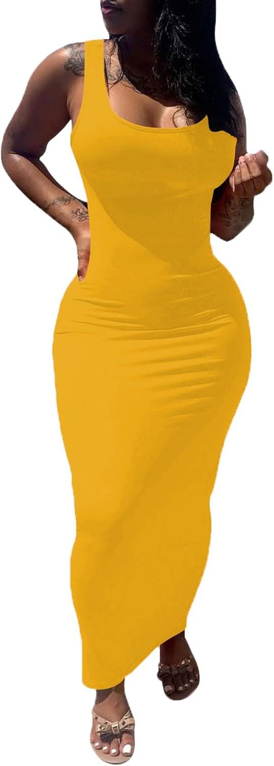 imagePINSV Womens Sexy Bodycon Tank Dress Basic Sleeveless Long Maxi Dresses Party Club Beach SundressesAyellow