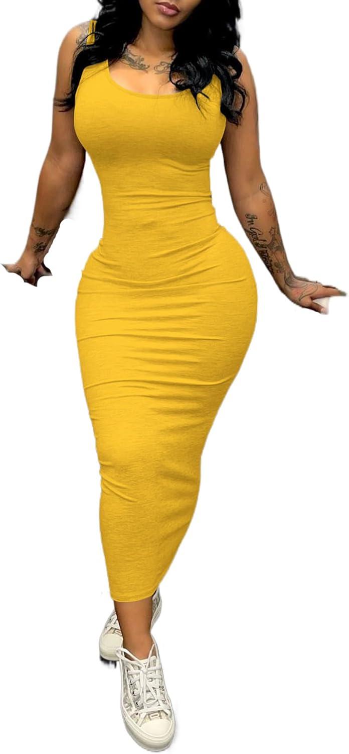 imagePINSV Womens Sexy Bodycon Tank Dress Basic Sleeveless Long Maxi Dresses Party Club Beach SundressesAyellow