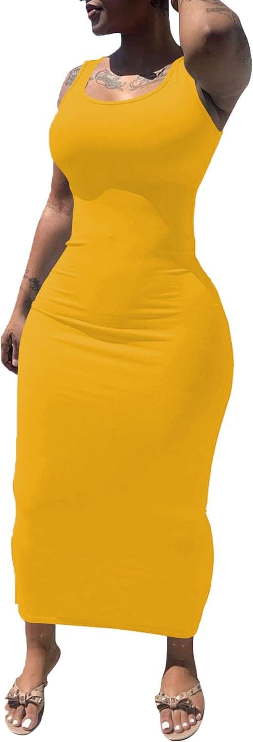 imagePINSV Womens Sexy Bodycon Tank Dress Basic Sleeveless Long Maxi Dresses Party Club Beach SundressesAyellow