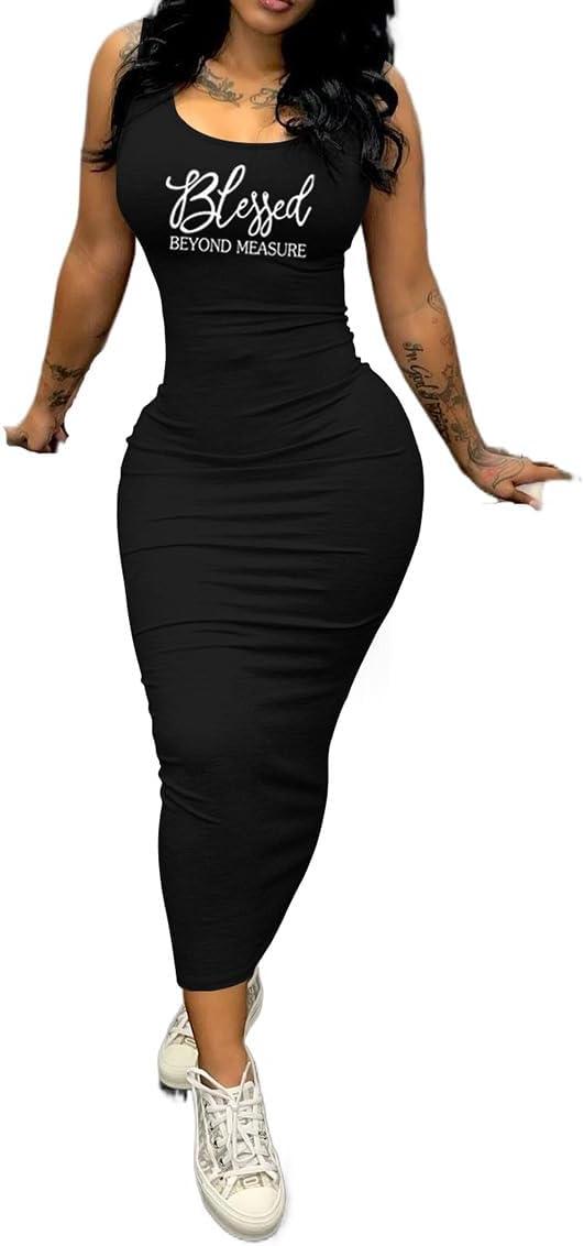 imagePINSV Womens Sexy Bodycon Tank Dress Basic Sleeveless Long Maxi Dresses Party Club Beach SundressesBwhite Letter