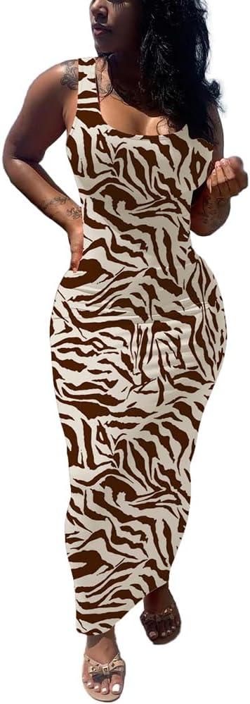 imagePINSV Womens Sexy Bodycon Tank Dress Basic Sleeveless Long Maxi Dresses Party Club Beach SundressesCanimal Print