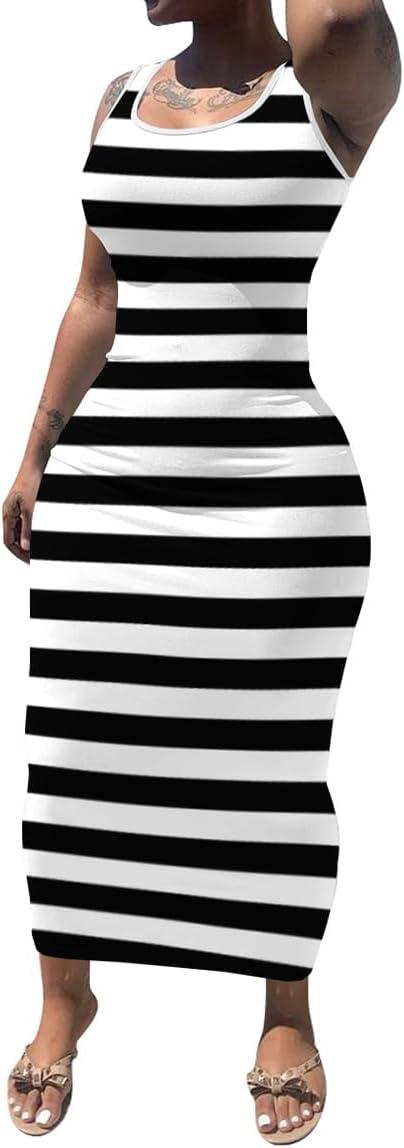 imagePINSV Womens Sexy Bodycon Tank Dress Basic Sleeveless Long Maxi Dresses Party Club Beach SundressesCblack Striped