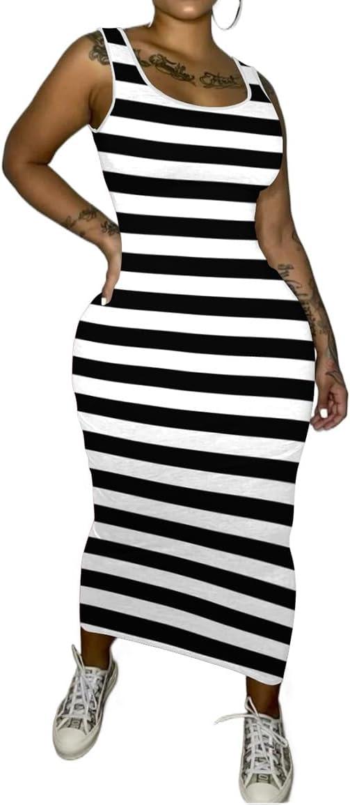 imagePINSV Womens Sexy Bodycon Tank Dress Basic Sleeveless Long Maxi Dresses Party Club Beach SundressesCblack Striped