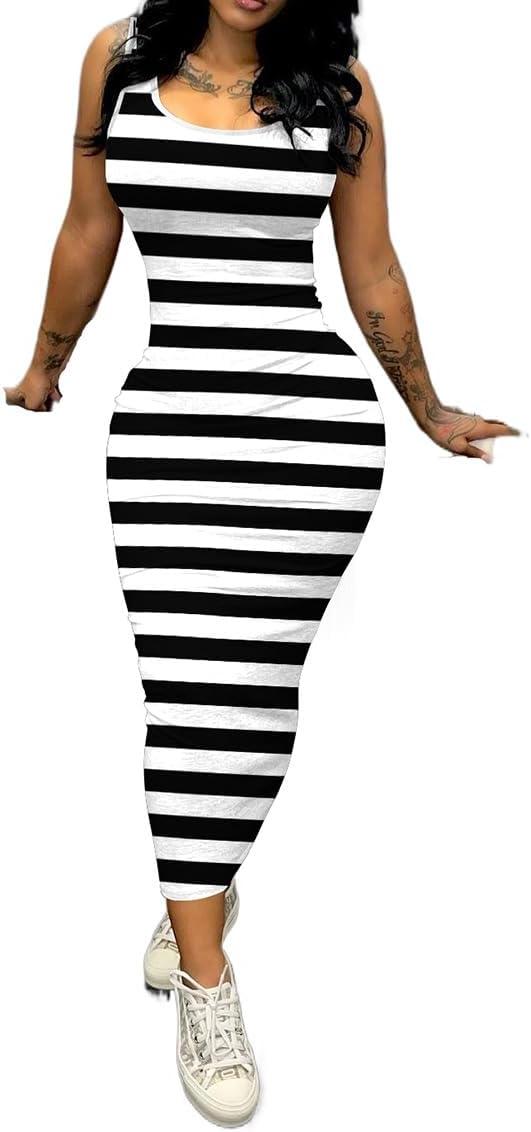 imagePINSV Womens Sexy Bodycon Tank Dress Basic Sleeveless Long Maxi Dresses Party Club Beach SundressesCblack Striped