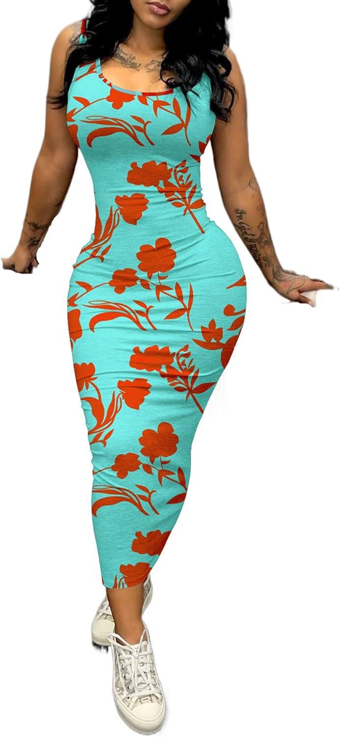 imagePINSV Womens Sexy Bodycon Tank Dress Basic Sleeveless Long Maxi Dresses Party Club Beach SundressesCblue Orange Flower