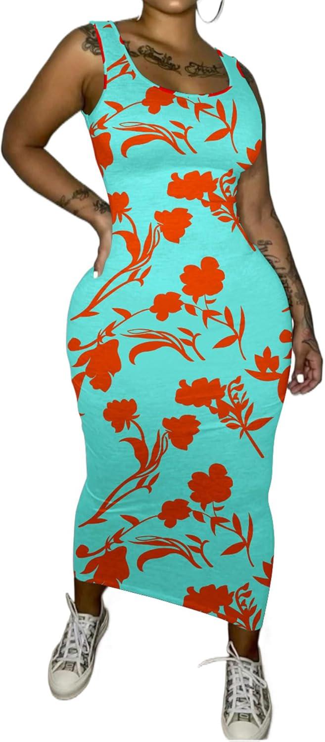 imagePINSV Womens Sexy Bodycon Tank Dress Basic Sleeveless Long Maxi Dresses Party Club Beach SundressesCblue Orange Flower