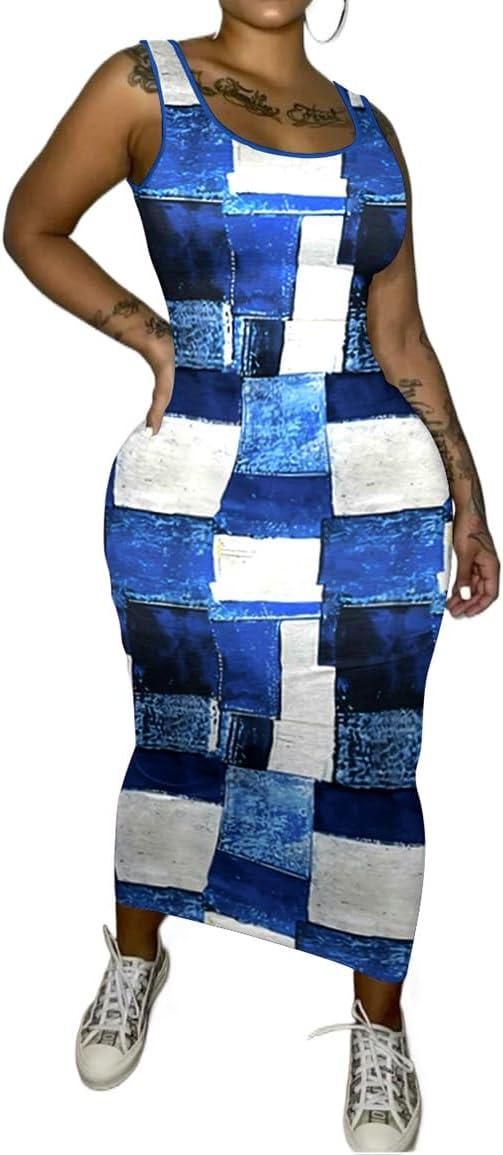 imagePINSV Womens Sexy Bodycon Tank Dress Basic Sleeveless Long Maxi Dresses Party Club Beach SundressesCcheckered