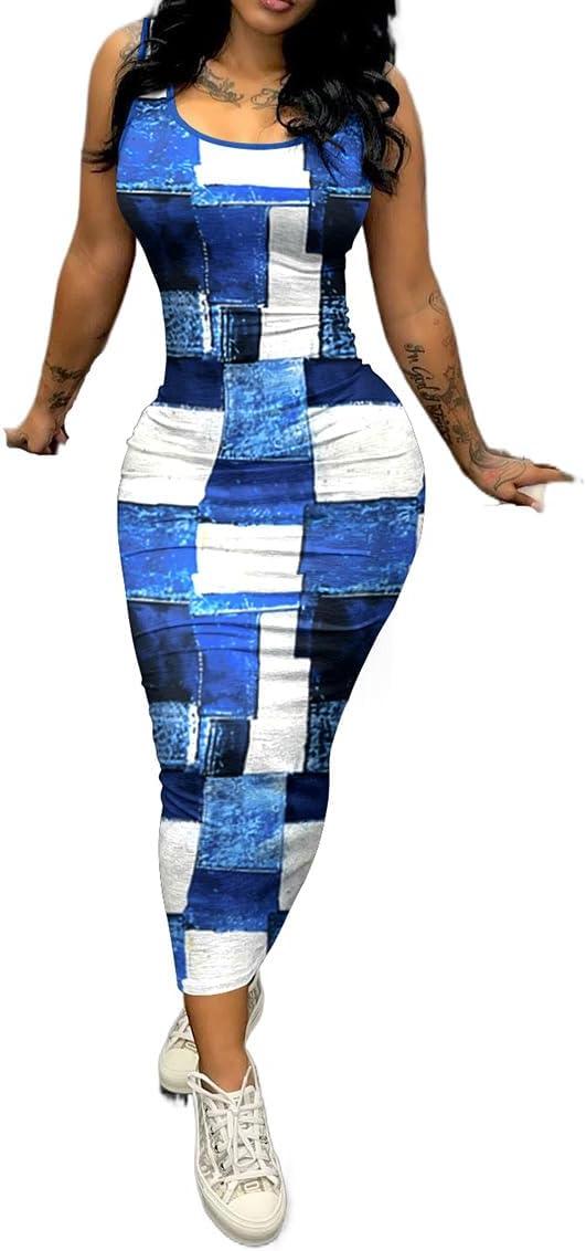 imagePINSV Womens Sexy Bodycon Tank Dress Basic Sleeveless Long Maxi Dresses Party Club Beach SundressesCcheckered