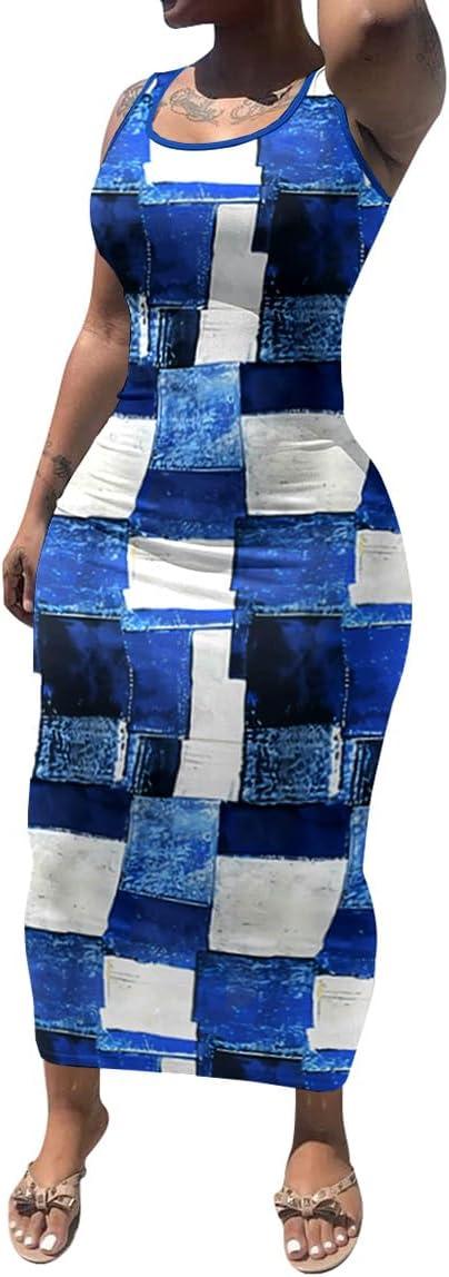 imagePINSV Womens Sexy Bodycon Tank Dress Basic Sleeveless Long Maxi Dresses Party Club Beach SundressesCcheckered