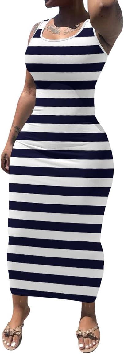 imagePINSV Womens Sexy Bodycon Tank Dress Basic Sleeveless Long Maxi Dresses Party Club Beach SundressesCdark Blue Striped
