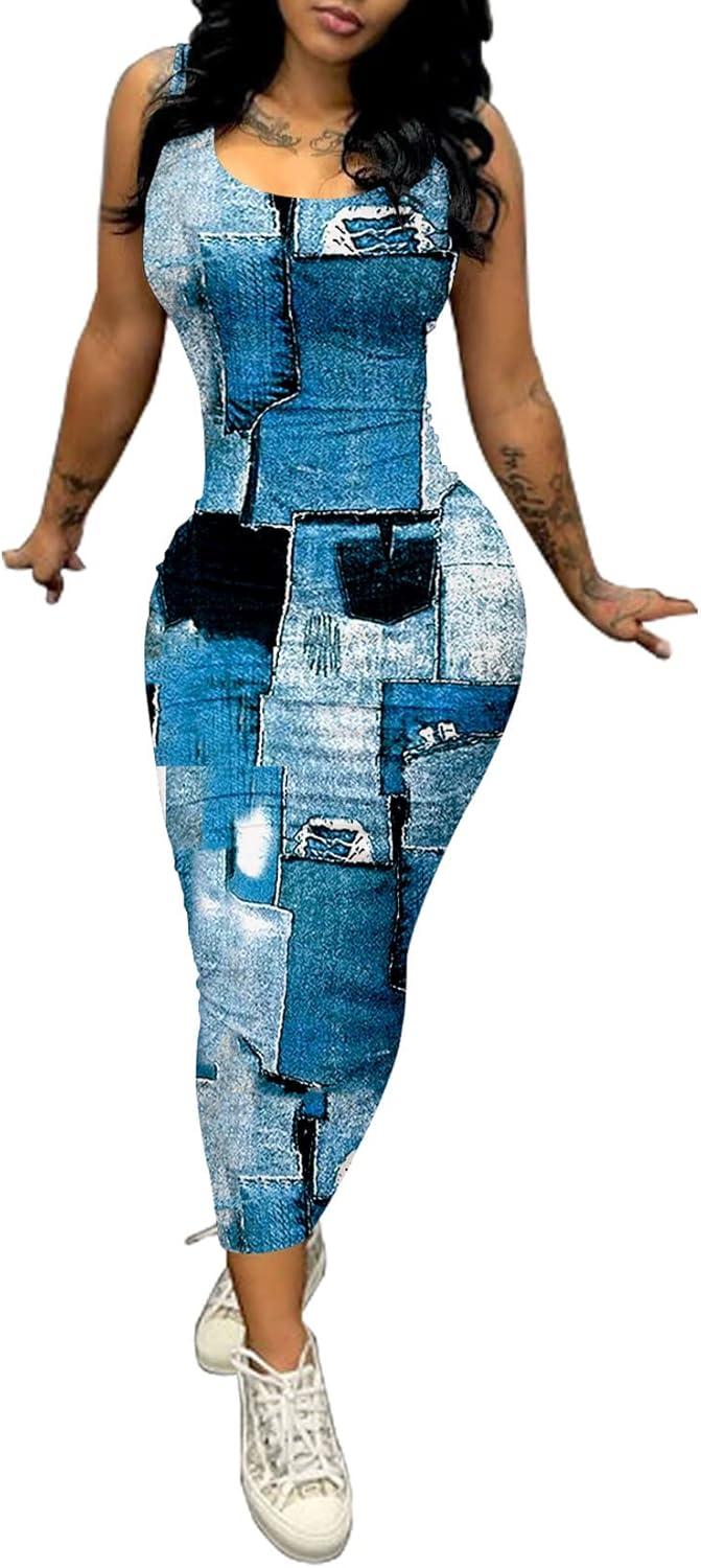 imagePINSV Womens Sexy Bodycon Tank Dress Basic Sleeveless Long Maxi Dresses Party Club Beach SundressesCdenim Print