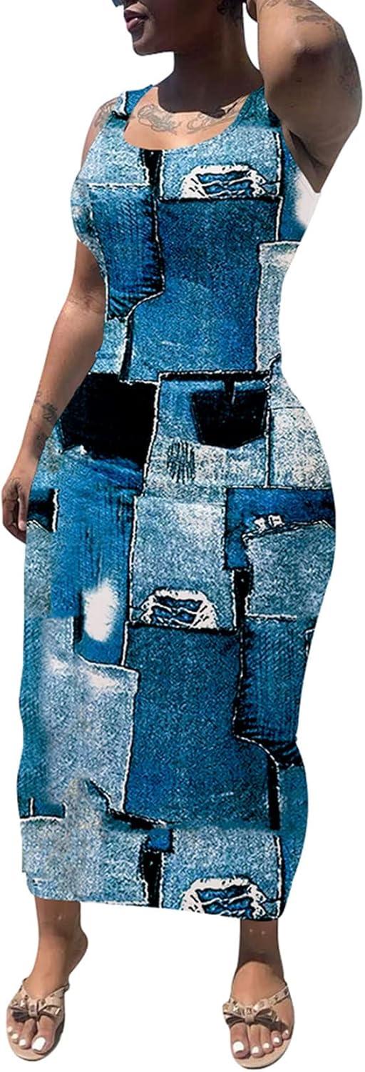 imagePINSV Womens Sexy Bodycon Tank Dress Basic Sleeveless Long Maxi Dresses Party Club Beach SundressesCdenim Print