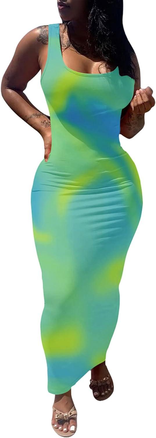 imagePINSV Womens Sexy Bodycon Tank Dress Basic Sleeveless Long Maxi Dresses Party Club Beach SundressesCgreen Tie Dye