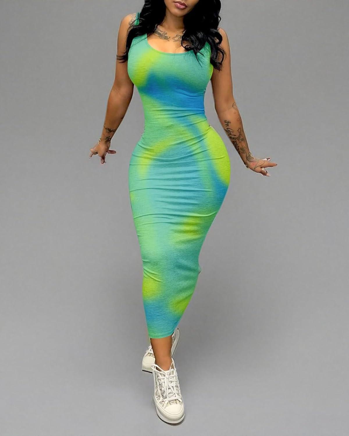 imagePINSV Womens Sexy Bodycon Tank Dress Basic Sleeveless Long Maxi Dresses Party Club Beach SundressesCgreen Tie Dye