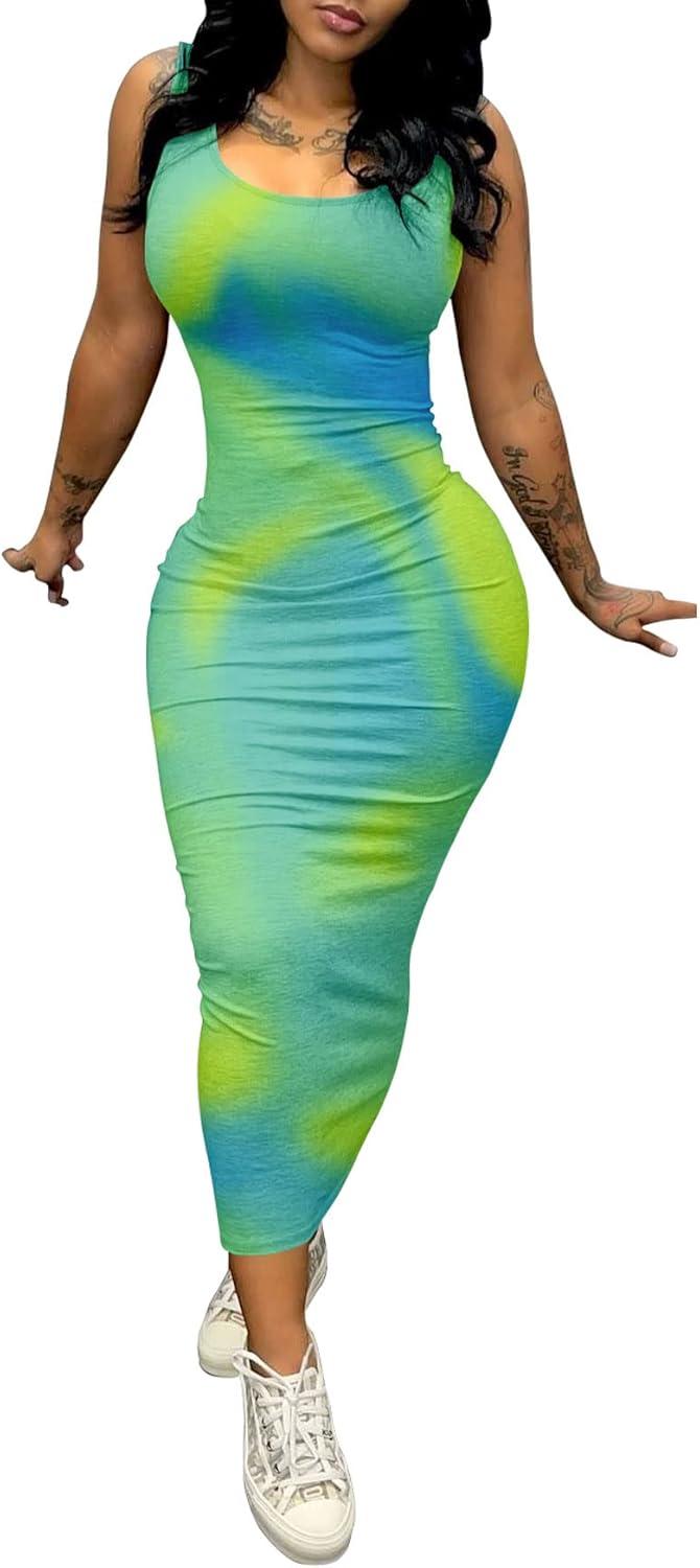 imagePINSV Womens Sexy Bodycon Tank Dress Basic Sleeveless Long Maxi Dresses Party Club Beach SundressesCgreen Tie Dye