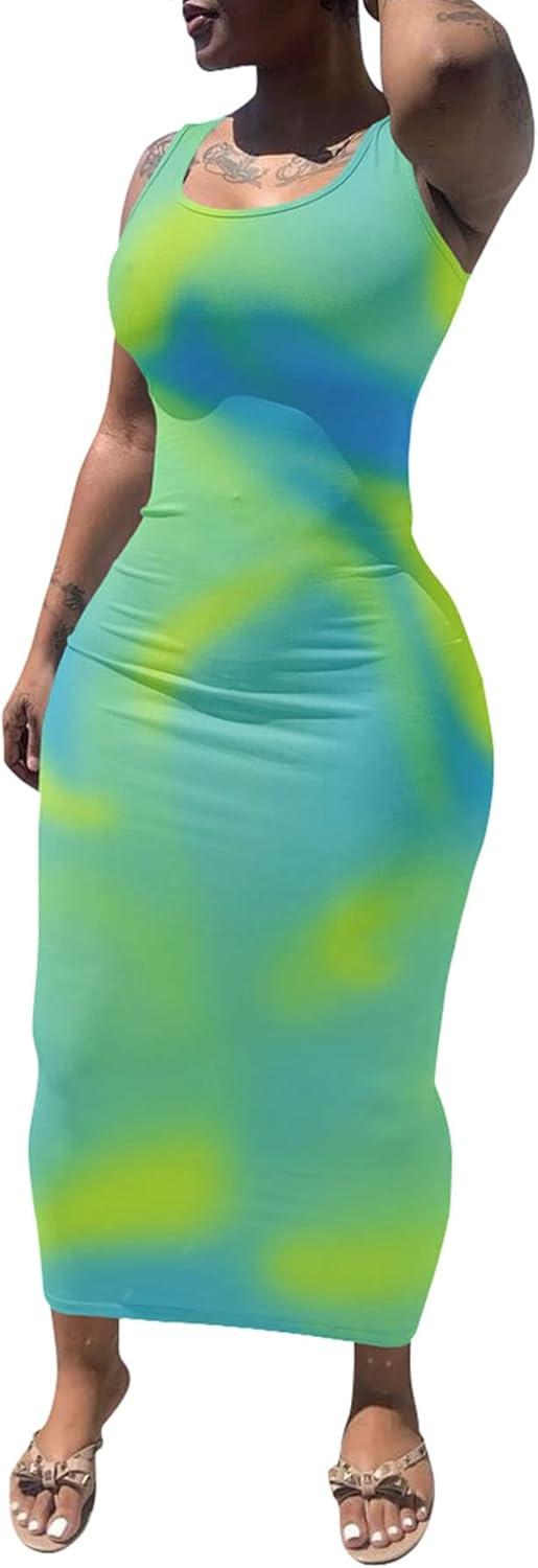 imagePINSV Womens Sexy Bodycon Tank Dress Basic Sleeveless Long Maxi Dresses Party Club Beach SundressesCgreen Tie Dye