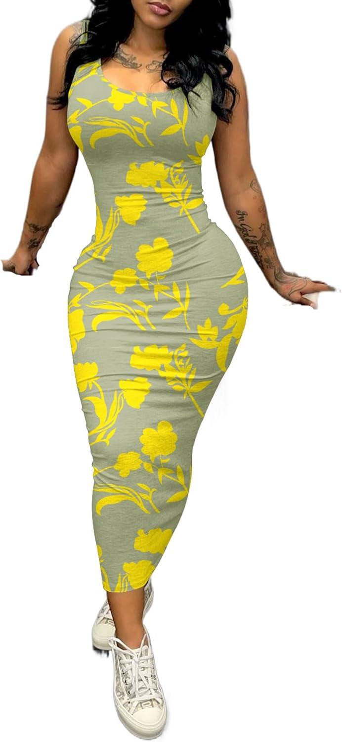 imagePINSV Womens Sexy Bodycon Tank Dress Basic Sleeveless Long Maxi Dresses Party Club Beach SundressesCgrey Yellow Flower