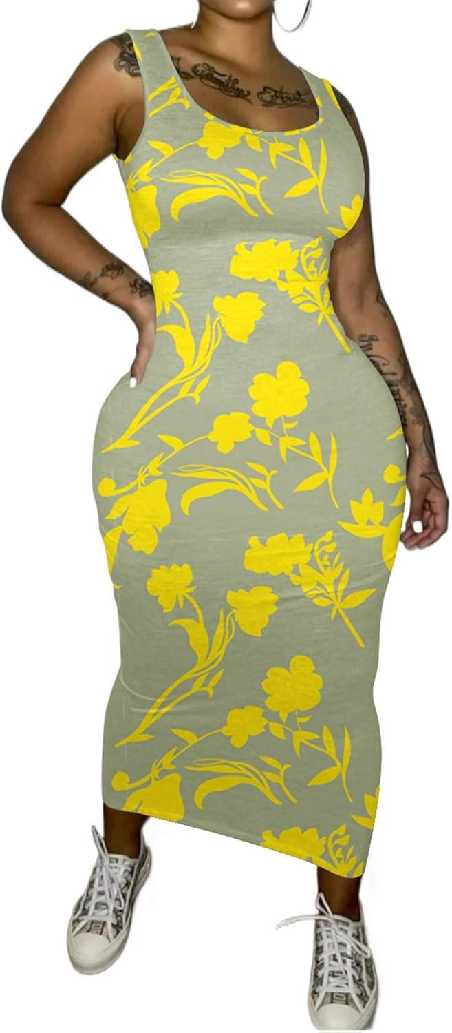 imagePINSV Womens Sexy Bodycon Tank Dress Basic Sleeveless Long Maxi Dresses Party Club Beach SundressesCgrey Yellow Flower